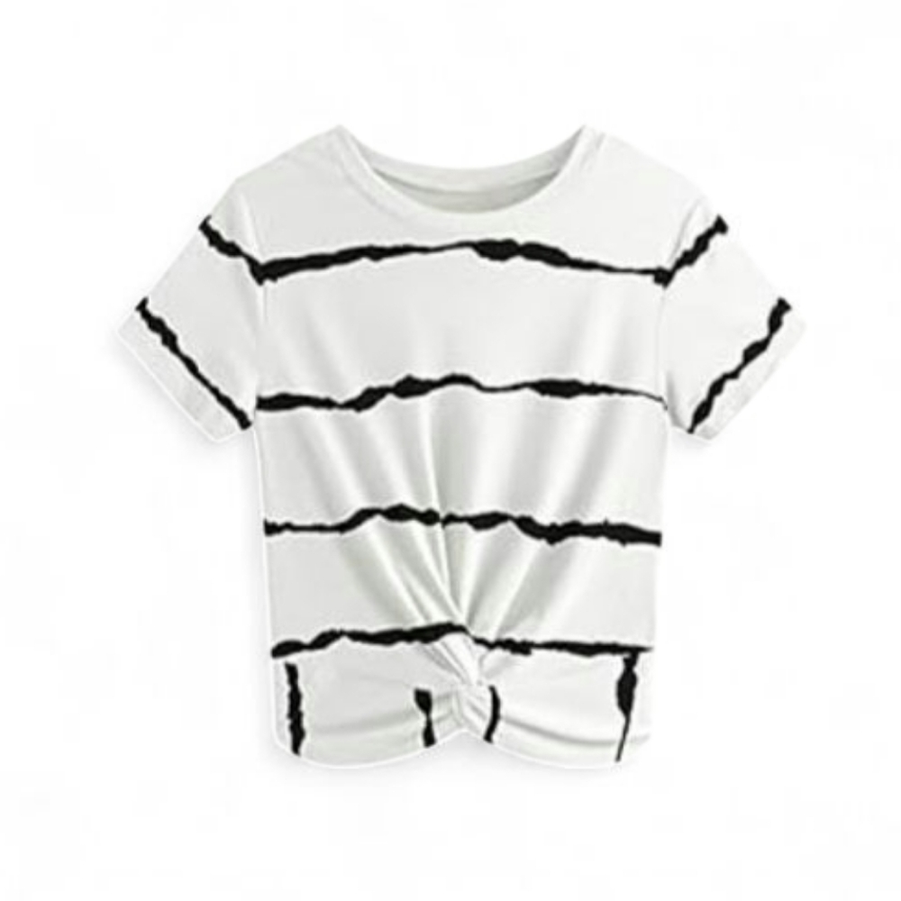 Women's Twist Front Striped Short Sleeve Shirt White With Black Stripes 🖤🤍